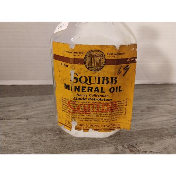 Vintage Medicine Glass Bottle Squibb Mineral Oil - Picture 2 of 7